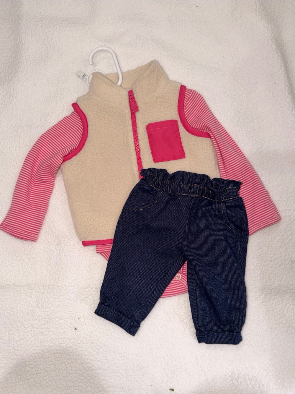 Carter's Pink Stripe Bodysuit with Cream Sherpa Vest and Navy Pants